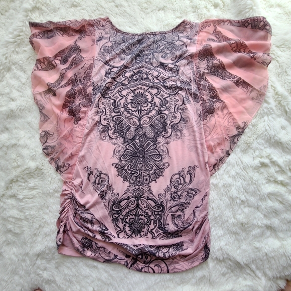 Espresso butterfly sheer sleeve blouse, gathered side, pink with gray design, md - Picture 3 of 8